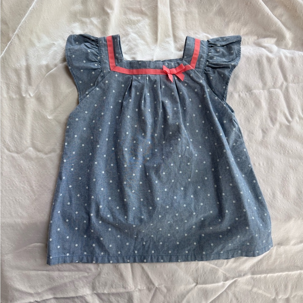 Polka dot chambray toddler girl blouse with pleats and pink ribbon 🎀